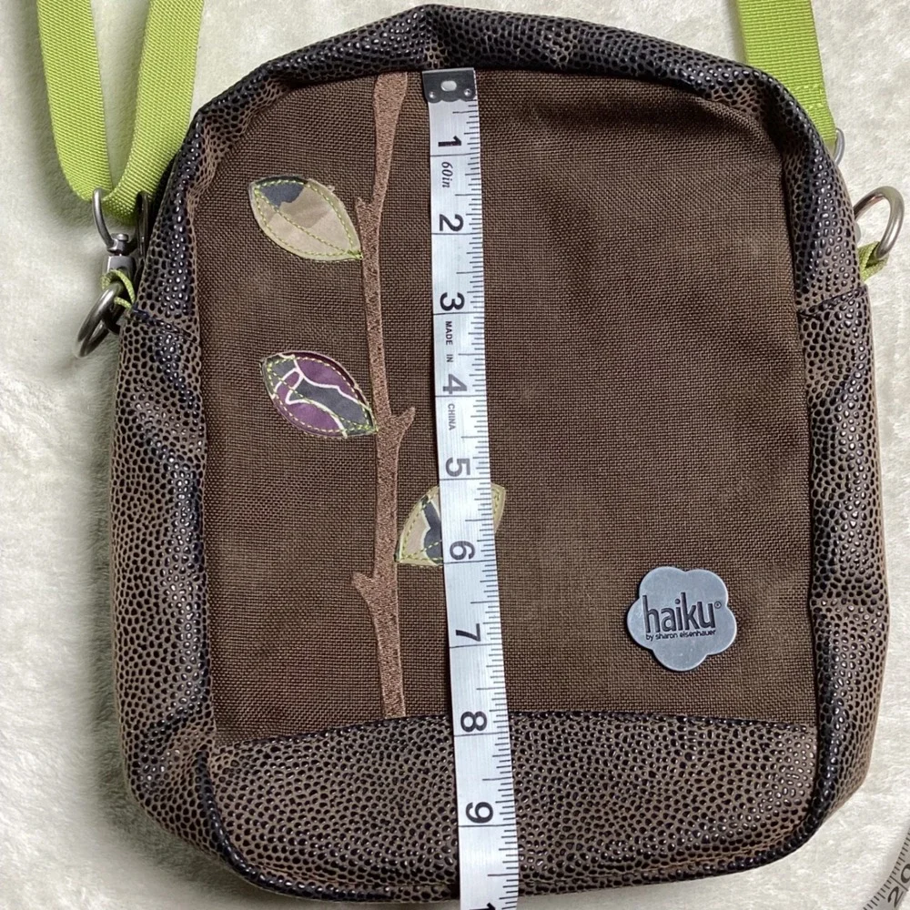 Haiku by Sharon Eisenhauer Brown Canvas Leaf Embroidered Crossbody Bag Messenger